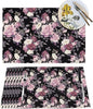 Vintage Floral Placemats Set of 4 Pink Rose Peony Flower Blossom Black Wipeable Table Mats Reusable Washable PVC Rectangle Place Mats for Kitchen Dining Home Decor 12x18 Inches