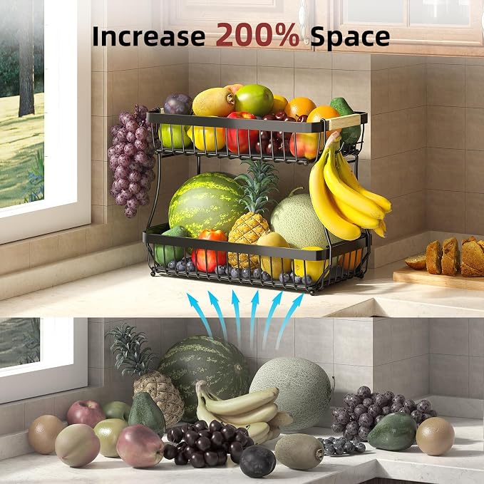 3-Tier Fruit Basket with Banana Hangers, Detachable Metal Bowl | Wooden handle - Image 9
