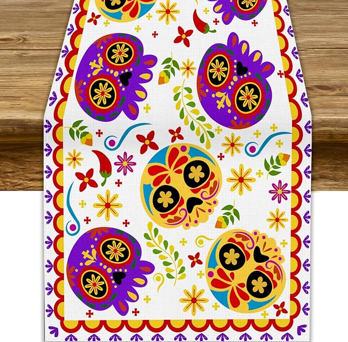 Mexican Fiesta Table Runner Decoration Skull Cinco De Mayo Dia De Los Muertos by YCness