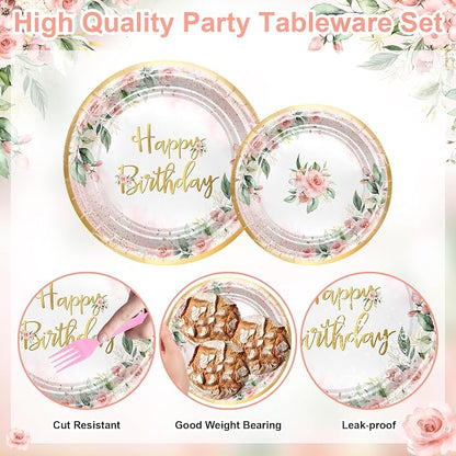 Rose Gold Party Decorations Pink Floral Birthday Plates and Napkins | 168 Pcs - Image 3