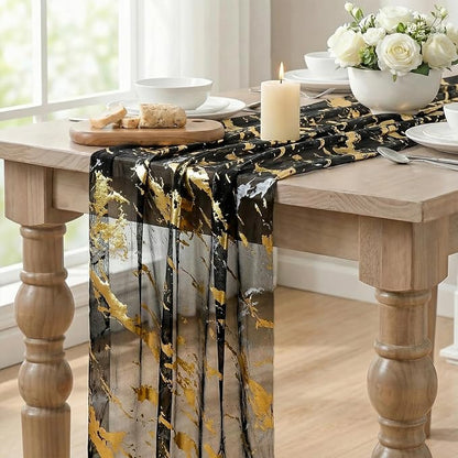 Artoid Mode Marble Pattern Black Gauze Table Runner 10FT, Glitter Metallic Foil - Image 4