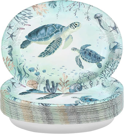 50Pcs Coastal Turtle Oval Paper Plates 10" X 12" Large Disposable Heavy Duty Ocean Blue Sea Turtles Paper Platters Sea Coral Starfish Plates for Holiday Summer Birthday Party Supplies