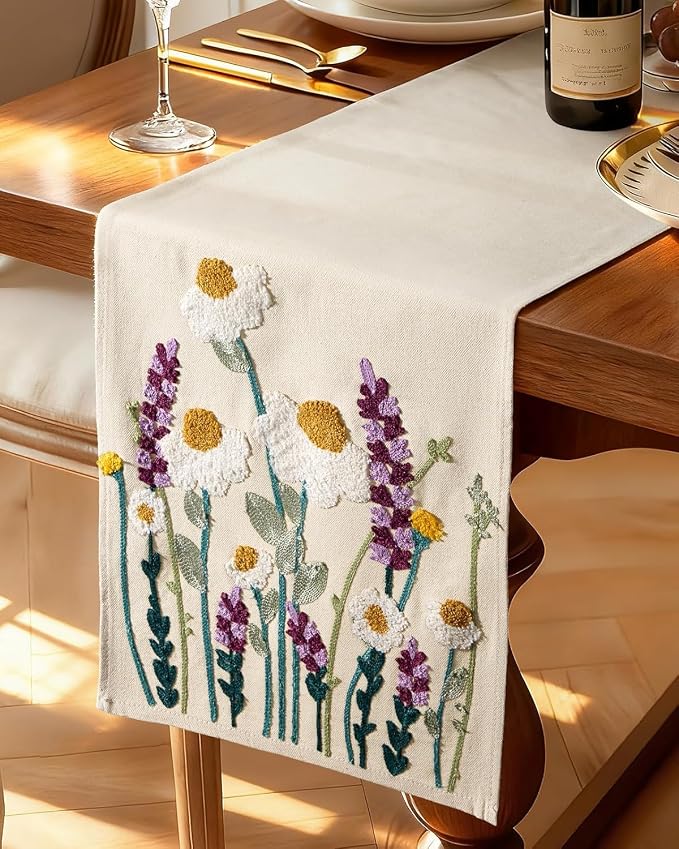 Canvas Embroidered Narrow 13"x 72" Table Runner, Wild Flower | Exquisite by Kokaaee