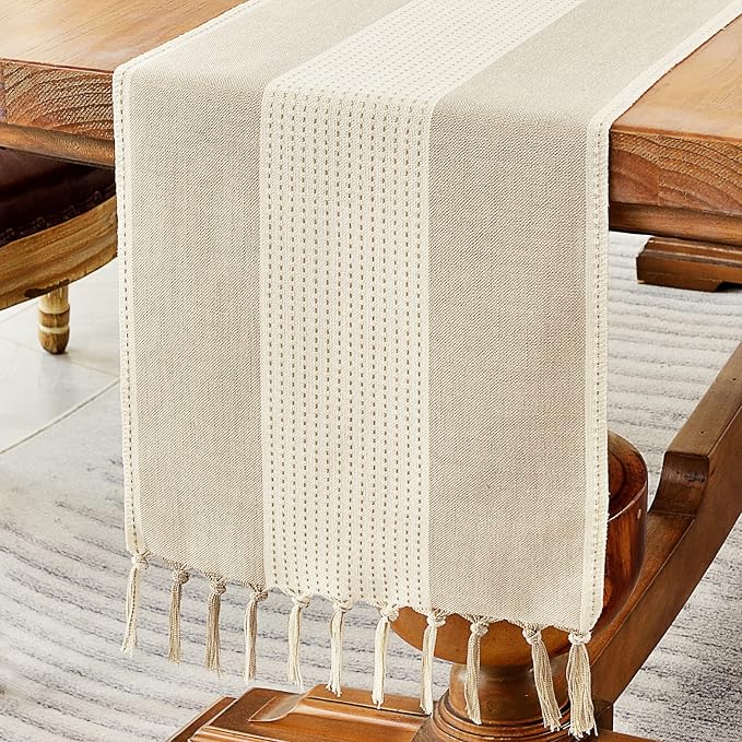 Wracra Linen Table Runner, Stripe Table Runners 108 Inches Long Light Coffee by Wracra