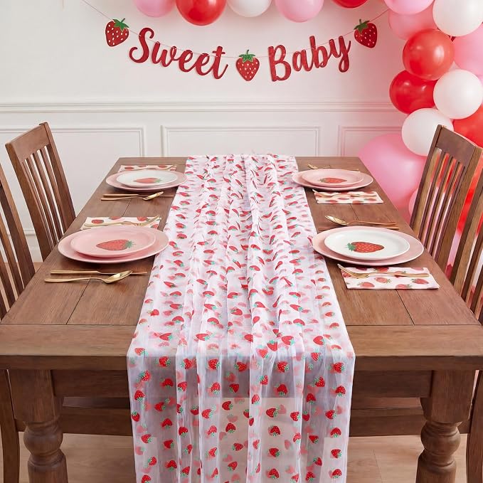 4 Pcs Strawberry Table Runners 29x70 Inch Strawberry Glitter Tulle Lace Table - Image 7