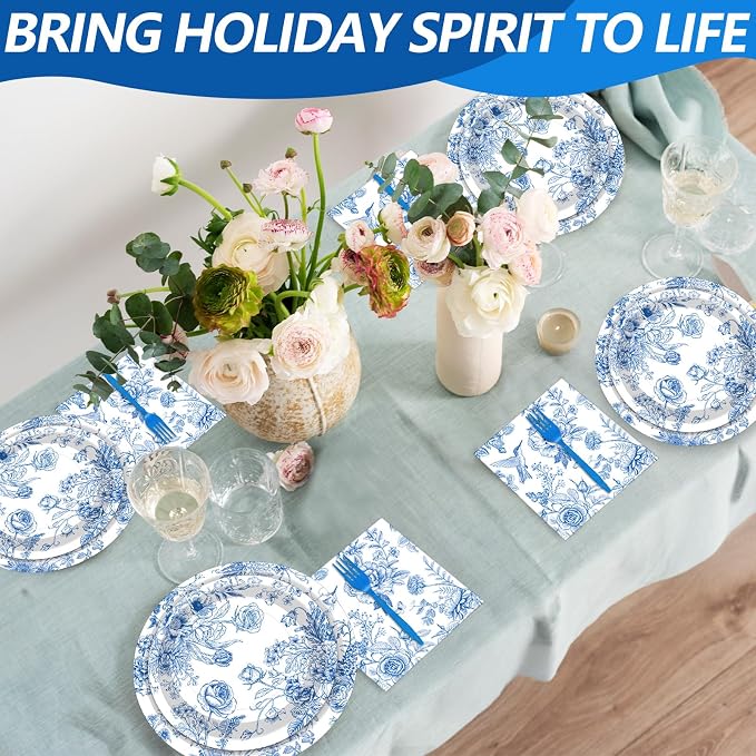 100 Pcs Blue and White Floral Tableware Party Supplies Set, Serves 25 – - Image 4
