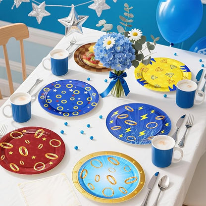 60Pcs Blue with Gold Ring Paper Plates 9" Disposable Heavy Duty Cartoon Tinsel Video Games Dessert Paper Plates Hedgehog Party Tableware Set for Kids Birthday Baby Shower Party Decorations