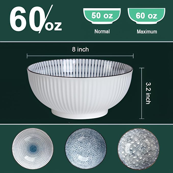 QINLANG 60 oz Large Soup Bowl, Pho Bowls, Japanese Ramen Bowls Set of 3 - Image 2