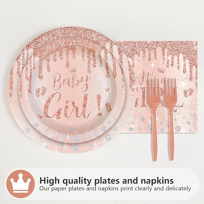 96 Pcs It's a Girl Baby Shower Party Decorations, Serves 24 | Diamond Rose Gold - Image 2