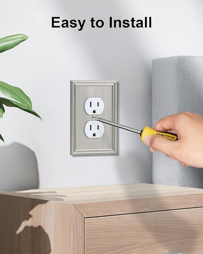 6-Pack Single Duplex Outlet Cover Plate, Decorative Brushed Nickel Switch Plates and Outlet Covers, Metal Wall Plates for Electrical Outlets, 1 Gang Receptacle Cover, Corrosion Resistant
