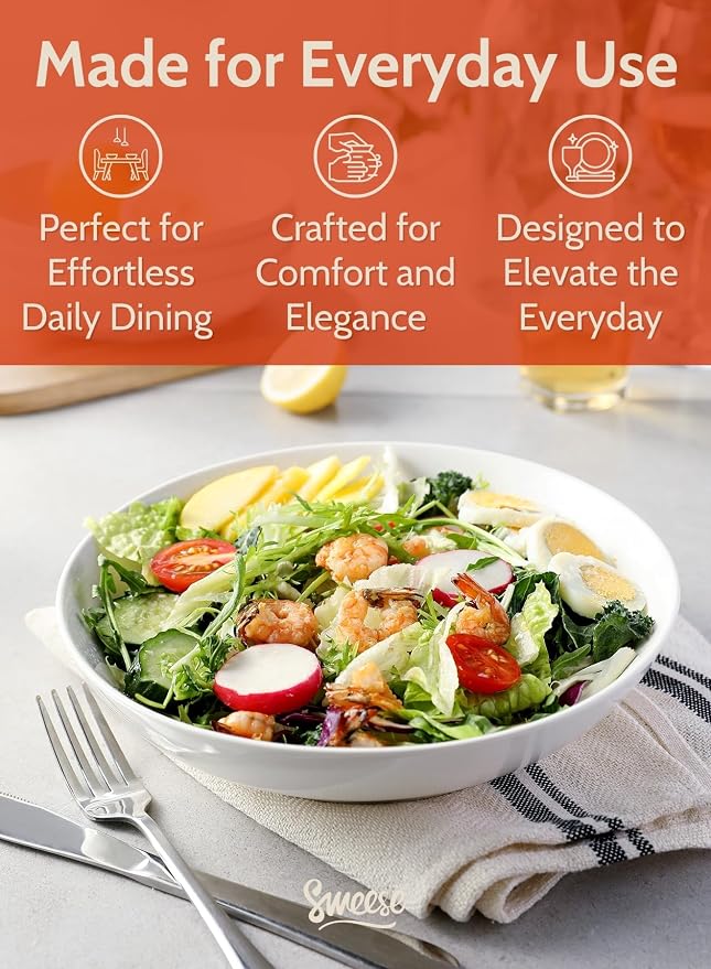Sweese Large Salad Serving Bowls, 30 Ounce Porcelain White Pasta Plates Set of 6 - Image 4