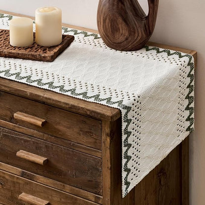 Macrame Side Trim Boho Woven Table Runner, Moss 12x90 Inch | Crochet Hollow by ZEEMARTONLINE