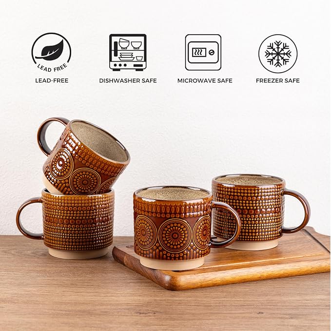 GBhome 12 oz Coffee Mugs Set of 4, Stackable Ceramic Coffee Cups Set | Modern - Image 7