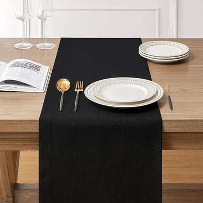 Linen Textured Border Table Runner, 14 x 60 Inch Black | Mitered Corner Design - Image 3