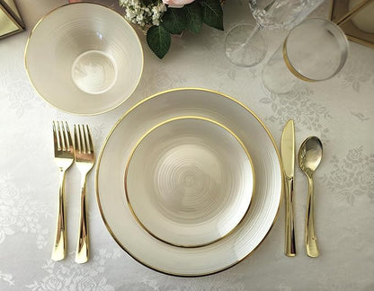 " OCCASIONS " 50 Plates Pack (25 Guests)-Wedding Party Disposable Plastic Plate Set -25 x 10'' Dinner + 25 x 7'' Salad & Dessert plates (Belize in Ivory & Gold)