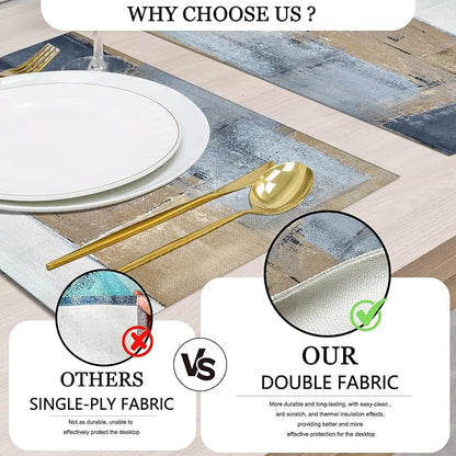 Mcalk Brown Table Runner and Placemats Set of 6, Abstract Dark Grey Placemats, Modern Cloth Place Mats Indoor for Kitchen,Washable Linen Material for Dining Table