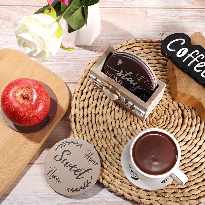 Queekay Coasters Set of 6 House Warming Gifts New Home Wooden Farmhouse Drink - Image 5