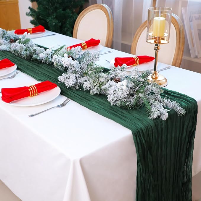 Snowkingdom Emerald Green Table Runner 120 Inch 10 Ft Rustic Boho Dark Green - Image 6