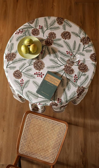 ISAENNE Designer Christmas Beige Linen Small Round Tablecloth,Pinecones Pattern Indoor Tablecloths,Washable Decor Table Cloth for Dining Thanksgiving Kitchen Christmas,Diameter 55"-Carol B