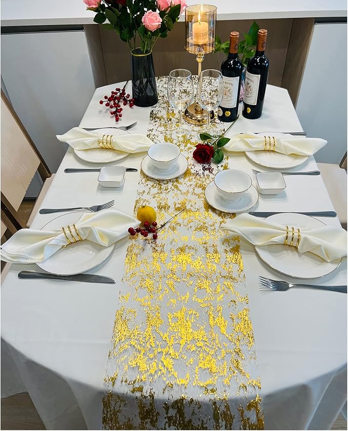 Gold Table Runner 11 Inch x 100 Feet Inches, Glitter Metallic Mesh Gold Runner - Image 2