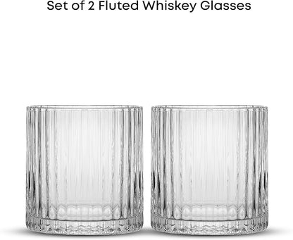 JoyJolt Elle 10oz Double Old Fashioned Whiskey Glasses - Set of 2, Lead-Free Glassware, Dishwasher Safe, Vintage Style Drinking Glasses