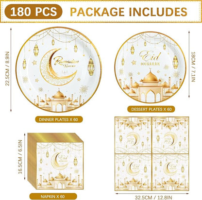 180pcs Ramadan Eid Mubarak Party Supplies, Serves 60 | Disposable Tableware - Image 2