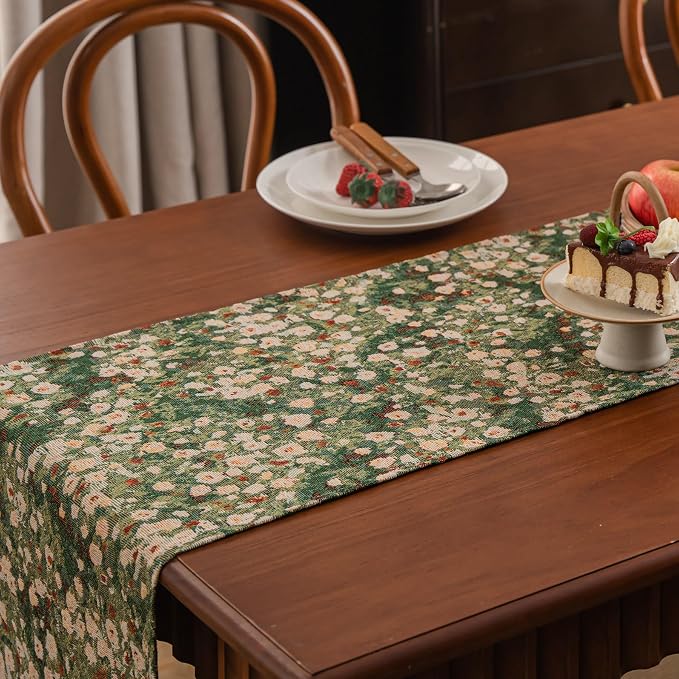 Ditsy Floral Table Runner Small Daisy Green 13 x 48 Inch | Jacquard Weave - Image 4