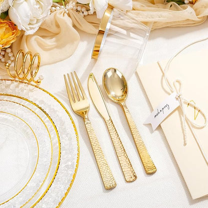 Ciaell 150PCS Clear Gold Plastic Plates - Disposable Gold Rim Plates include 25Dinner Plate, 25Dessert Plate, 25Forks, 25Knives, 25Spoons, 25Cups for Wedding & Party