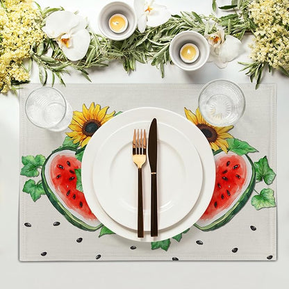 Summer Watermelon Placemat Set of 4，Sunflowers Table Mats Non Slip Heat-Resistant Washable Table Place Mats for Kitchen Dining Table Home Decoration 12 x 18 Inch