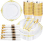 Nervure 175PCS Gold Plastic Plates - Disposable White Gold Party Plates & Pre Rolled Napkins with Cutlery for 25 Guests, 50Plates, 75Silverware, 25Cups, 25Napkin for Wedding & Party