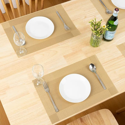 Winknowl Placemats Set of 4, Washable Vinyl Woven Placemats, Heat Resistant & Wipeable Table Mats for Kitchen Dining Table (Golden)