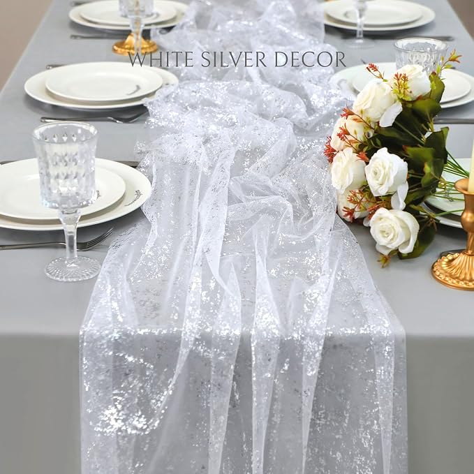 Snowkingdom White Silver Table Runner Gauze Sheer Tulle 10 FT 120 Inch Sparkly - Image 4