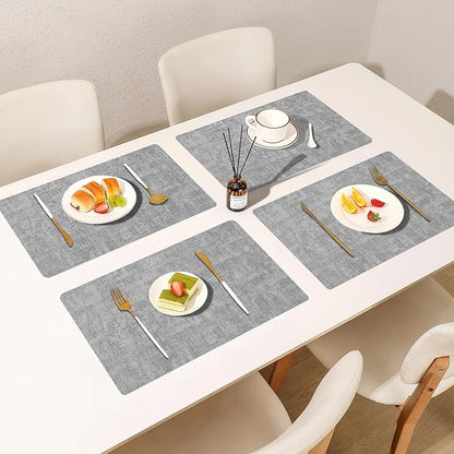 Faux Leather Placemats Set of 6, Heat Resistant Wipeable Washable Vinyl Place Mats, Waterproof Anti-Slip Dining Table Mats, Suitable for Indoor & Outdoor Use (Light Grey)