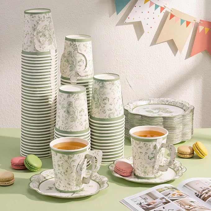 FillTouch 100 Sets Green Floral Paper Tea Cups and Saucers Disposable Paper Tea - Image 6
