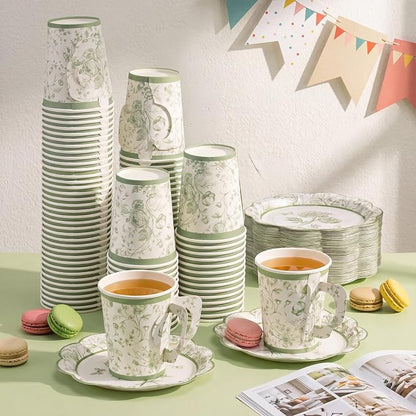 FillTouch 100 Sets Green Floral Paper Tea Cups and Saucers Disposable Paper Tea - Image 6