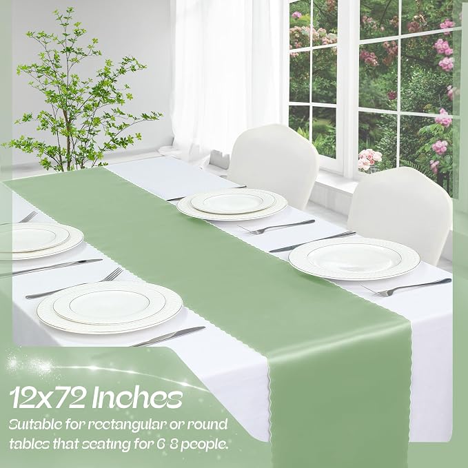 VACVELT Sage Green Satin Table Runners, 12x72 Inch, 6 Pack, Scalloped Edge | - Image 3