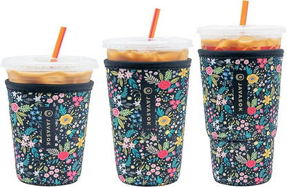 Sok It JavaSok Iced Coffee & Cold Soda Insulated Neoprene Cup Sleeve (English Garden Picnic, S/M/L 3-Pack)