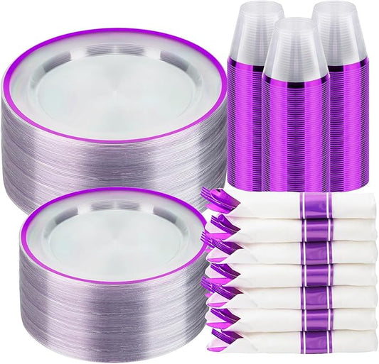 BESTSTAR 350PCS Clear and Purple Disposable Plates Set for 50 Guests, 100 Plastic Plates, 50 Plastic Cups, 50 Pre-Rolled Napkins with Cutlery for Party, Birthday, Wedding, Thanksgiving, Christmas