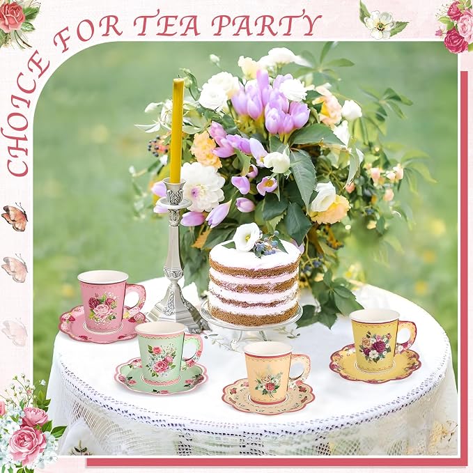 24 Sets Vintage Floral Tea Party Cups 7 OZ Disposable Paper Cups - Image 6