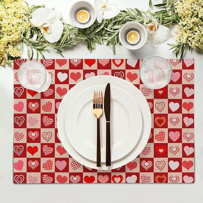 Valentines Day Table Mats - Red Heart Placemats Set of 4 Pink Love Place Mat 12x18 for Dining Kitchen Farmhouse