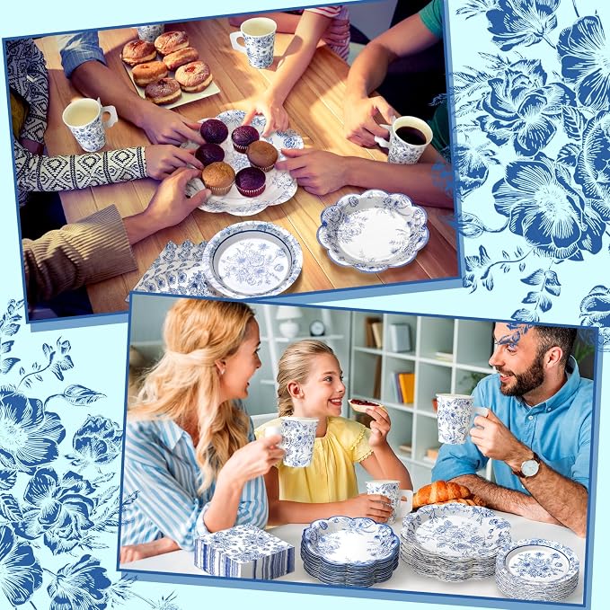 Pickmesh 252 Pcs Blue Floral Tea Party Supplies - Image 5