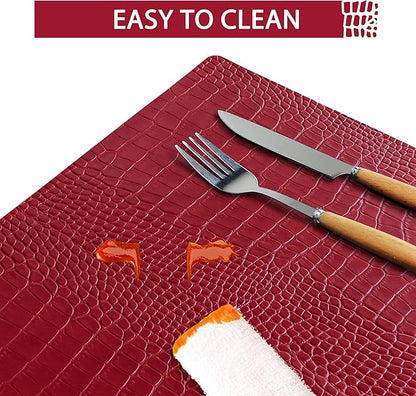 Jovono Faux Leather Placemats Set of 8, Waterproof Heat Resistant Dinner Place Mats for Dining Table, Non-Slip Crocodile Embossed, Red (17.8x11.8 Inch)
