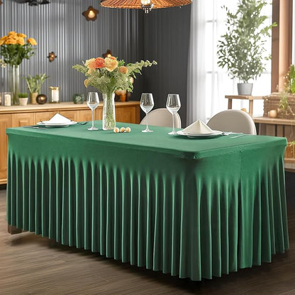 Wish Care 2 Pack Hunter Green Spandex Table Clothes for 4 Foot Rectangle Tables, 4FT Wrinkle Free Fitted Tablecloths Ruffles Design Table Cover for Party, Banquet, Wedding and Events