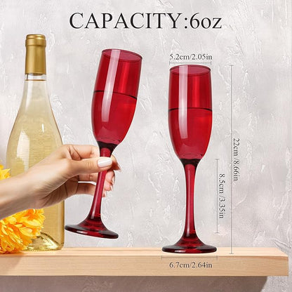 Champagne Flutes Glasses Set of 6-6oz Elegant Red Glass, Unique Red Colored Long Stem Champagne Flute Gift for Wedding, Anniversaries, Parties, Birthday, Restaurant, Home Bar