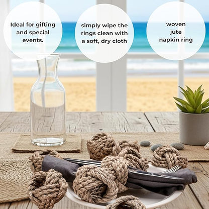 ALPHA Living HOME Woven Napkin Rings Set of 6 - Nautical Napkin Ring Premium 100% Jute Napkin Rings Table Decor with Rustic Charm for Harvest, Thanksgiving, Christmas, Parties & Dining(Brown)