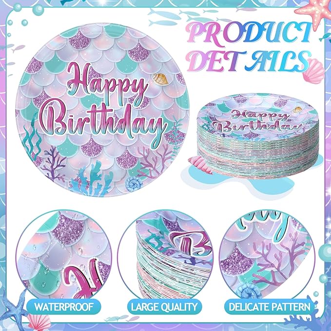 60 Pcs Mermaid Birthday Party Decor 7 Inch Mermaids Dessert Paper Plates Under the Sea Disposable Dinner Cake Plates Princess Shell Dinnerware for Ocean Baby Shower Party Supplies
