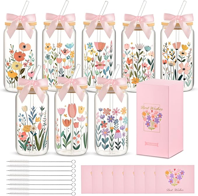 8 Set Floral Glass Cups with Lids and Straws, 16oz Flower Coffee Cup | Gifts by Unknown