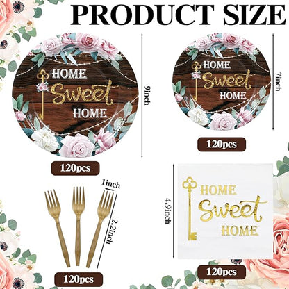 Zubebe 120 Pcs Housewarming Party Tableware Home Sweet Home Plates and Napkins Disposable Sets Rustic Leaves Floral House Warming for New House Wedding Party Supplies Serve 24 Guests(Boho Style)