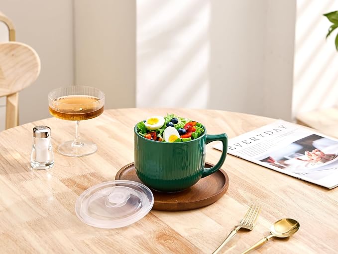 Ceramic Soup Bowl with Handle & Lid, 32oz Microwave Ramen Bowl Set of 2 | - Image 4