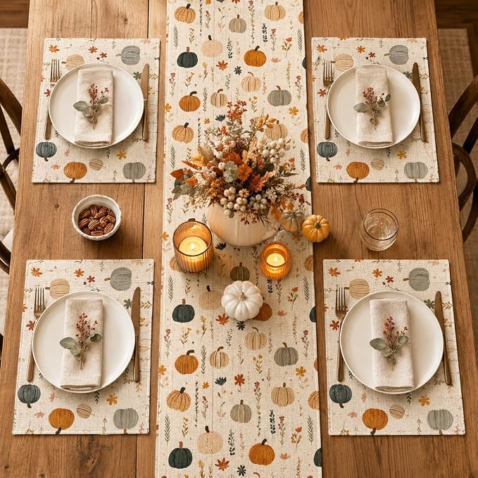Fall Placemats Set of 4, Pumpkin Maple Leaf Autumn Table Mats 12x18 Inch | - Image 5
